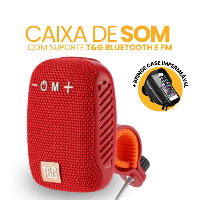 Caixa de Som com Suporte T&G Bluetooth e FM | BRINDE CASE IMPERMEÁVEL