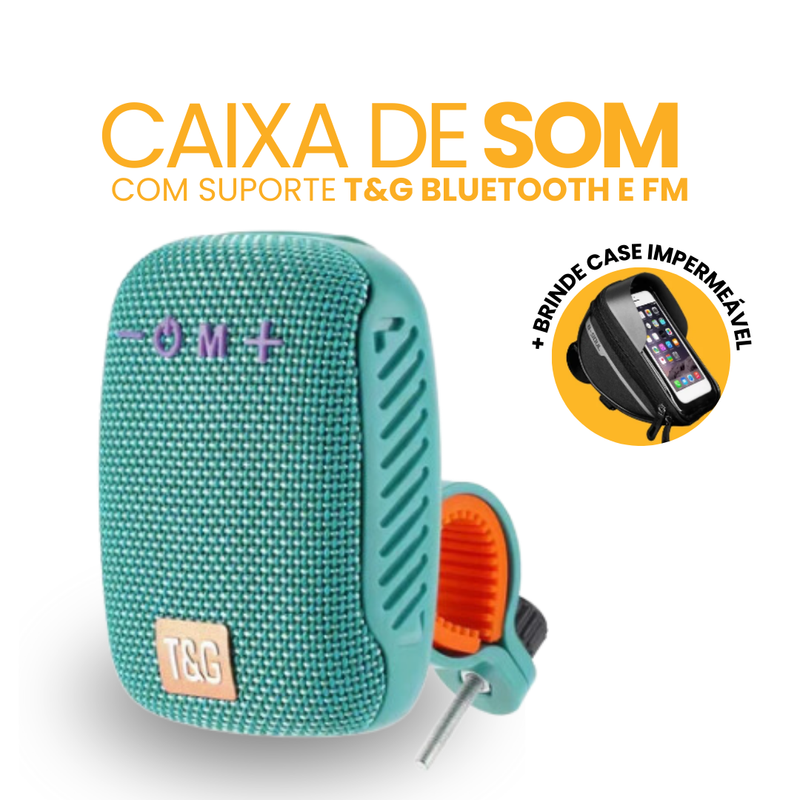 Caixa de Som com Suporte T&G Bluetooth e FM | BRINDE CASE IMPERMEÁVEL