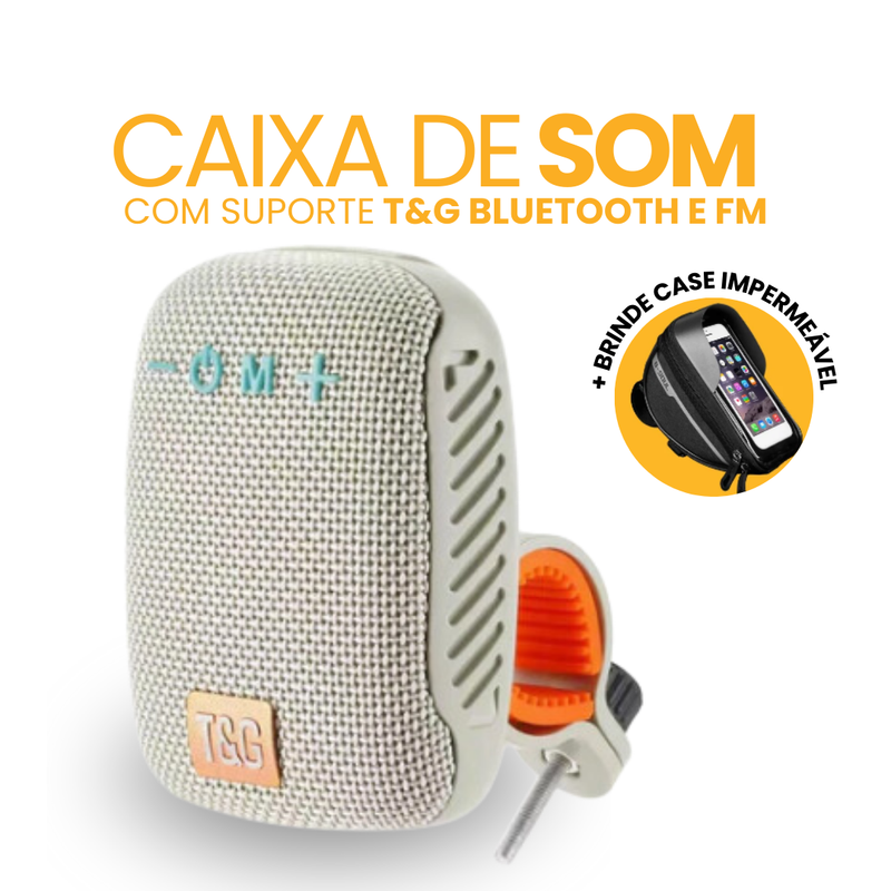 Caixa de Som com Suporte T&G Bluetooth e FM | BRINDE CASE IMPERMEÁVEL