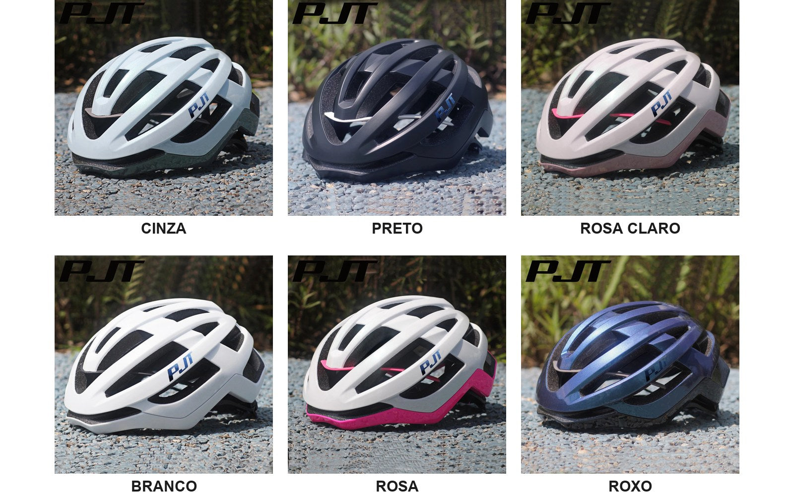 Preto, branco, cinza, rosa, rosa claro ou roxo.